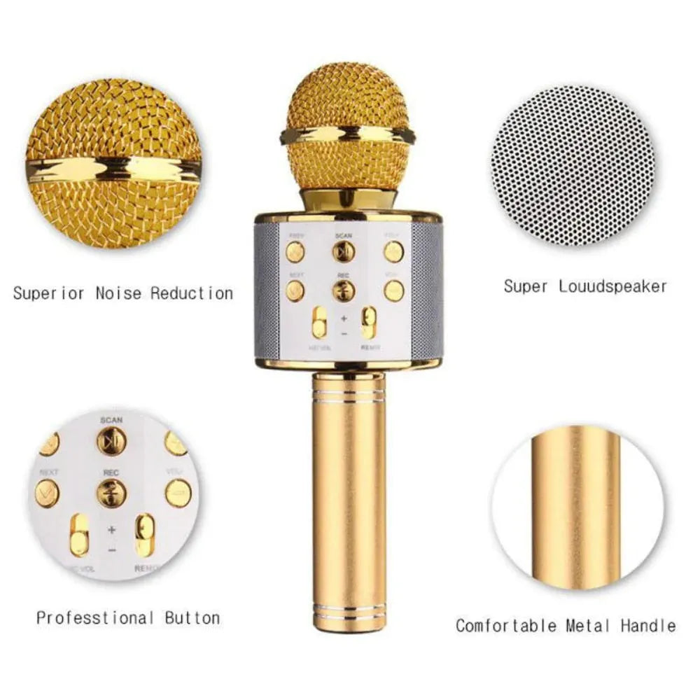 Wireless Bluetooth mini karaoke microphone speaker in black with LED light effects for home singing
