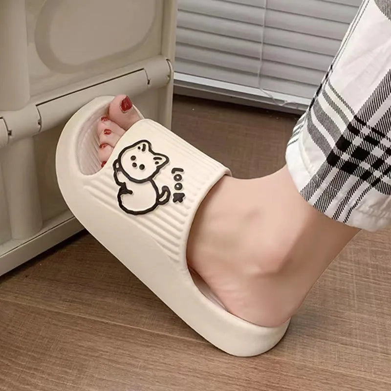 Cat-themed flip-flop slippers with thick EVA platform sole in seven colour options