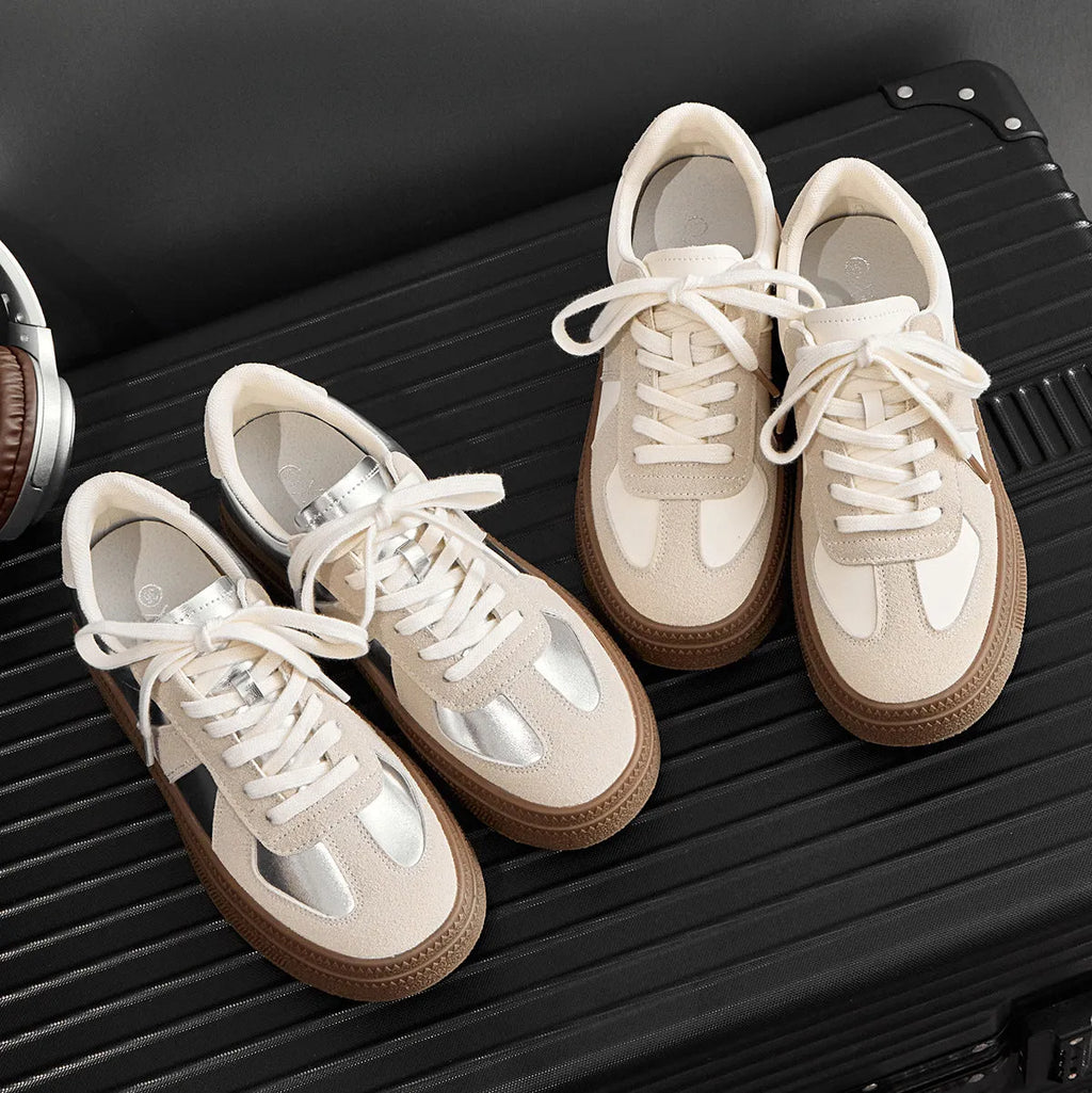 Retro round toe casual board shoes with cross straps in milky white colour