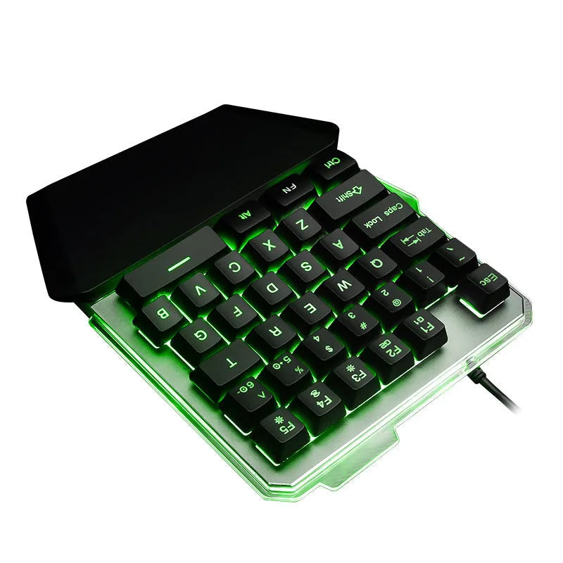 Black robotic one-handed gaming keyboard with RGB backlight and 1.8 metre USB cable