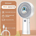 Outdoor portable USB rechargeable handheld fan in pink with three plastic blades and single speed button