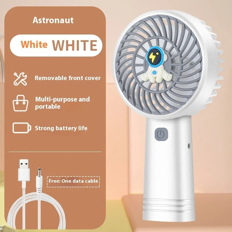 Outdoor portable USB rechargeable handheld fan in pink with three plastic blades and single speed button