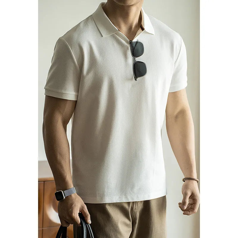 American-style men's short-sleeve polo shirt in blue cotton-polyester fabric