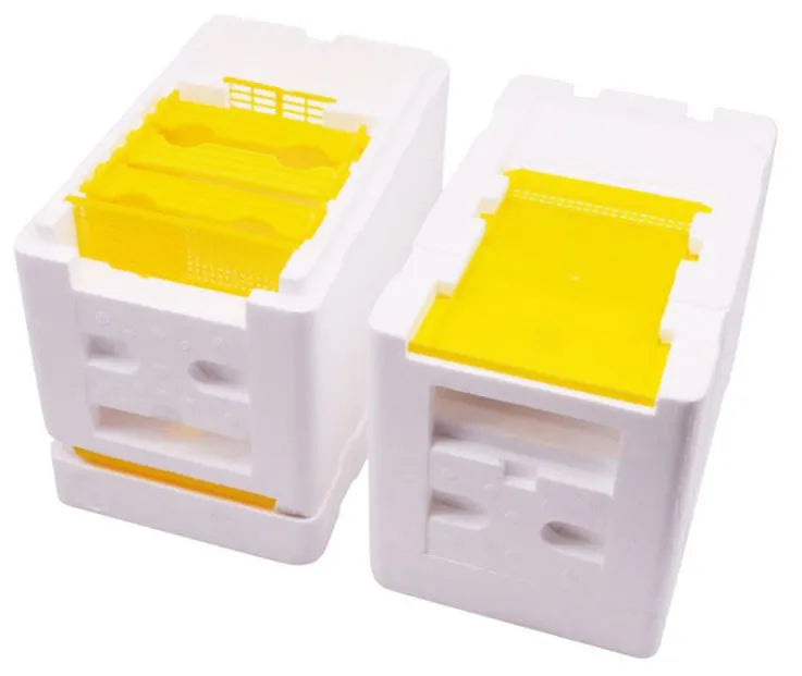 Three white EPS foam bee delivery boxes for beekeeping swarm capture and queen introduction.