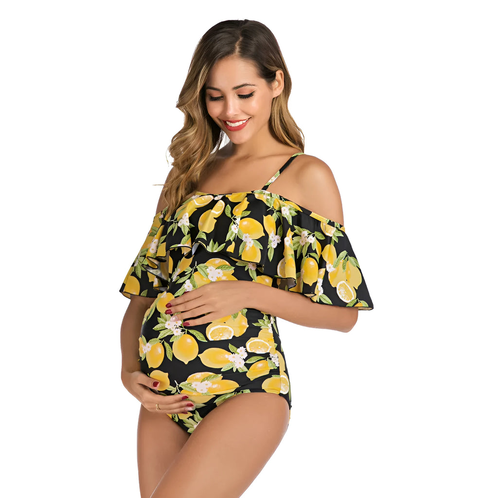 Ruffled one-piece maternity swimsuit in Lemon, nylon with 80% nylon content, sizes S to XXL