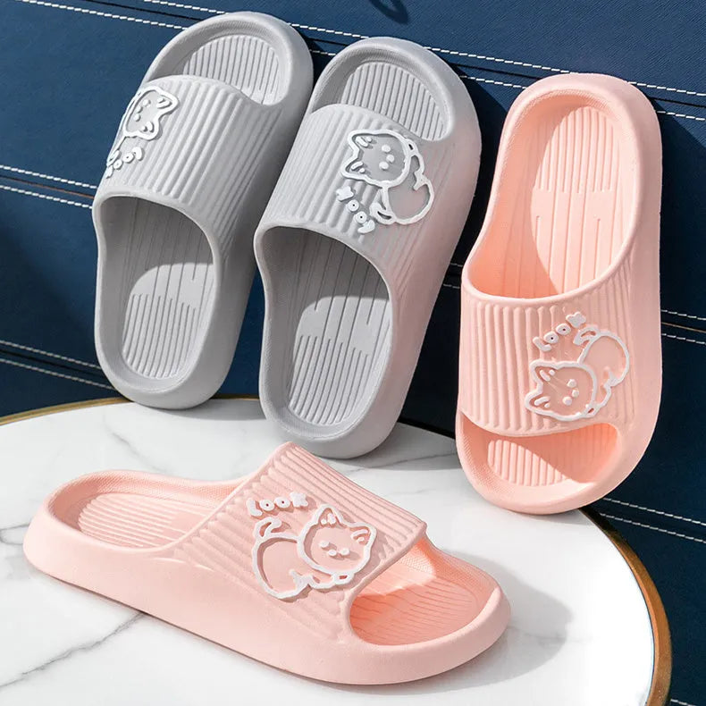 Cat-themed flip-flop slippers with thick EVA platform sole in seven colour options