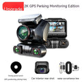 Panoramic four-lens car dashboard camera with 2-inch screen mounted in vehicle