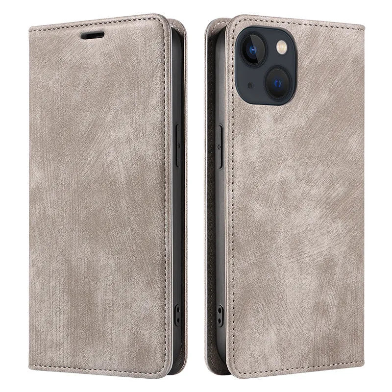 Magnetic flip leather phone case for iPhone in black, showing closed cover with magnetic clasp.