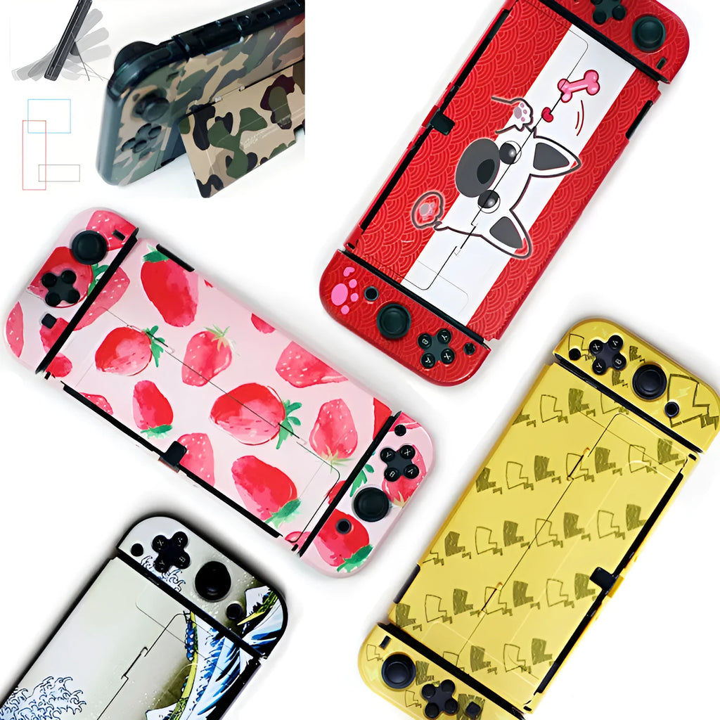 Nintendo Switch OLED hard protective case in a camouflage pattern style with two analogue caps.