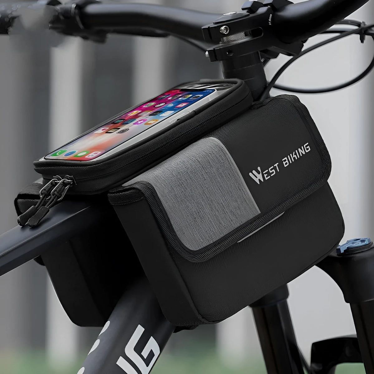 Black and gray Oxford cloth bilateral tube touch screen saddle bag with 2L capacity