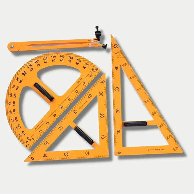 Orange and black plastic mathematics teaching set with triangle rulers, protractor and chalk compass