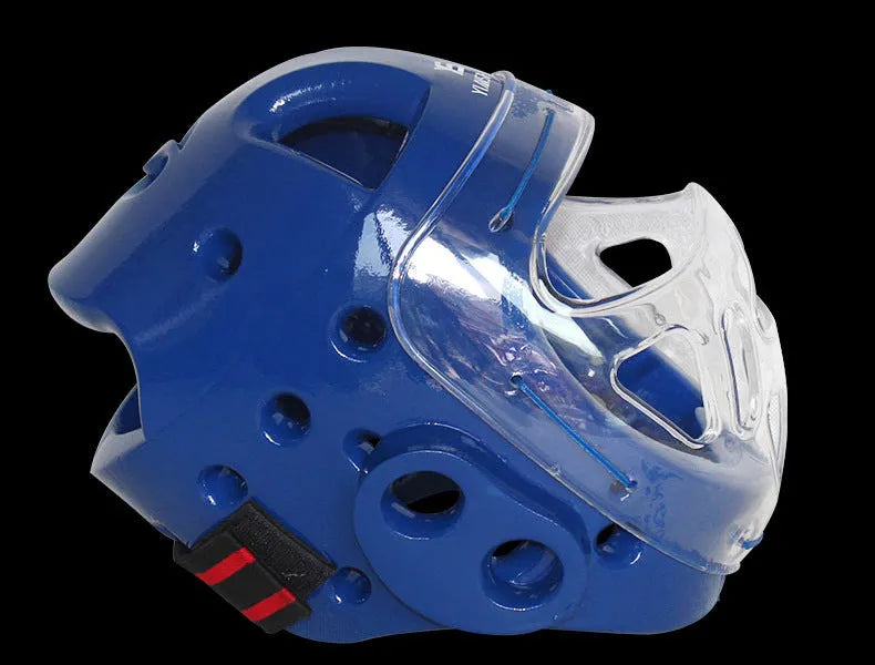 Karate training helmet for boxing head protection in blue colour with adjustable chin strap