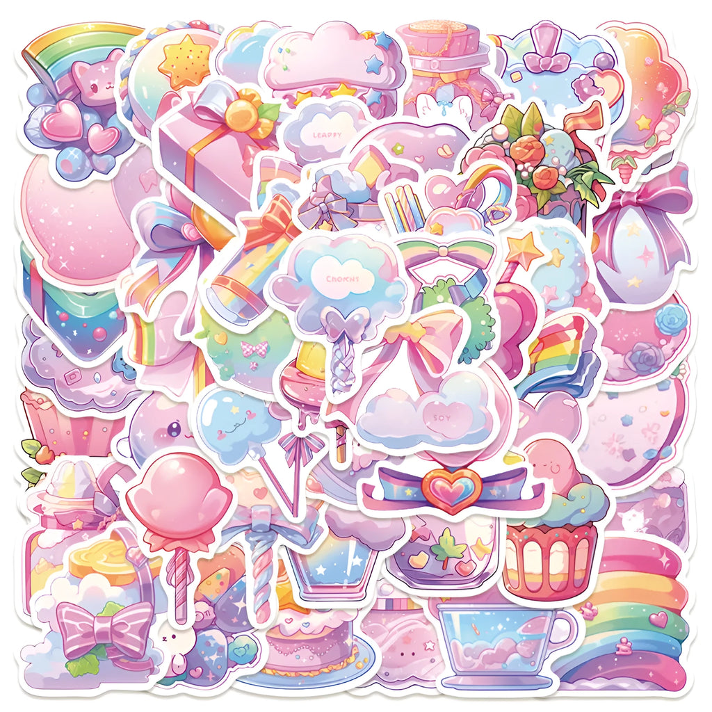 Pack of 50 fresh candy coloured waterproof decorative stickers with small object designs for journal decoration.