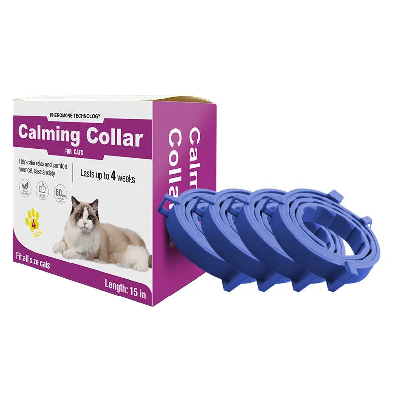Adjustable calming collar for cats and dogs in orange, blue, grey, and purple, sizes 38cm and 63.5cm