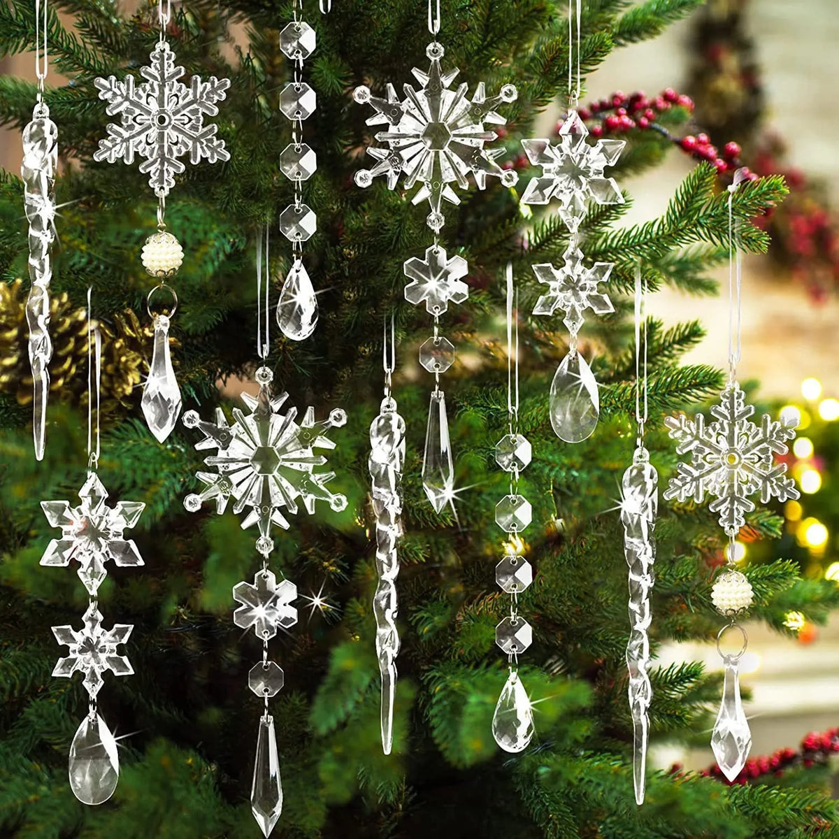 10 clear acrylic icicle Christmas tree hanging pendants with ribbon, transparent finish, indoor winter decor set