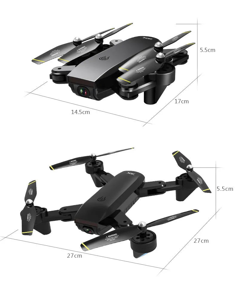 Quadrocopter with dual cameras in black, 4K optical flow, gesture control