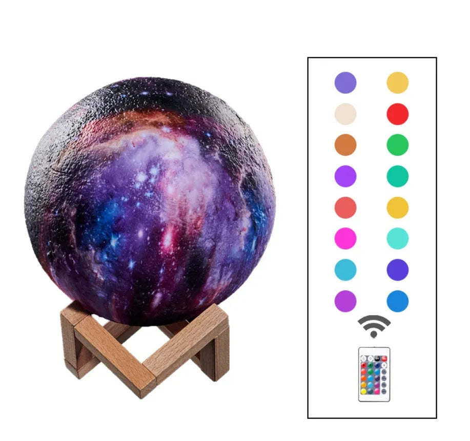 3D printed spherical moon night light glowing with multi-colour LED light on a dark surface.