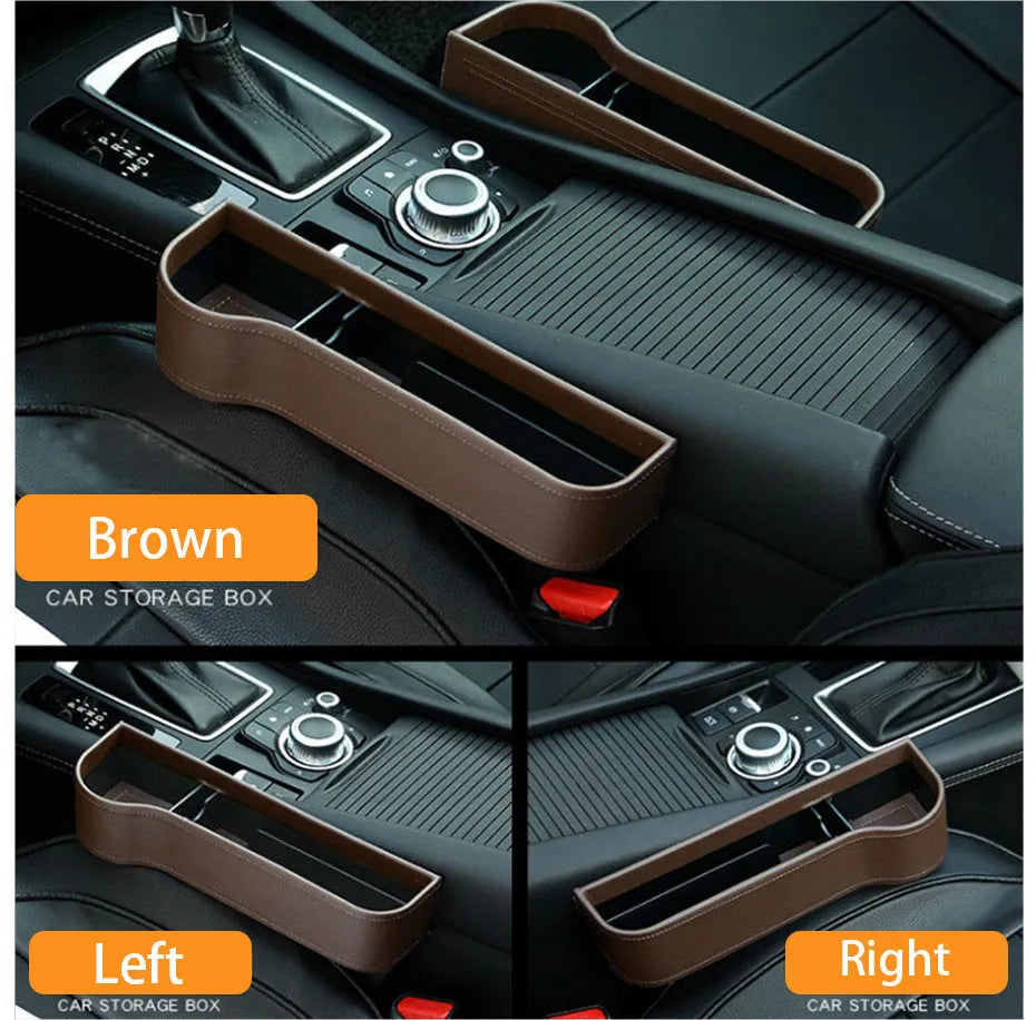 Car storage box in leather and plastic, shown in beige, black, brown, or red with left, right, or one pair options
