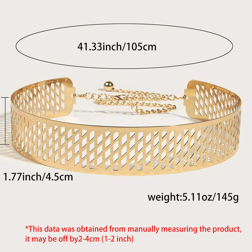 Gold thick iron waist ring belt with alloy buckle shown at 105cm length.