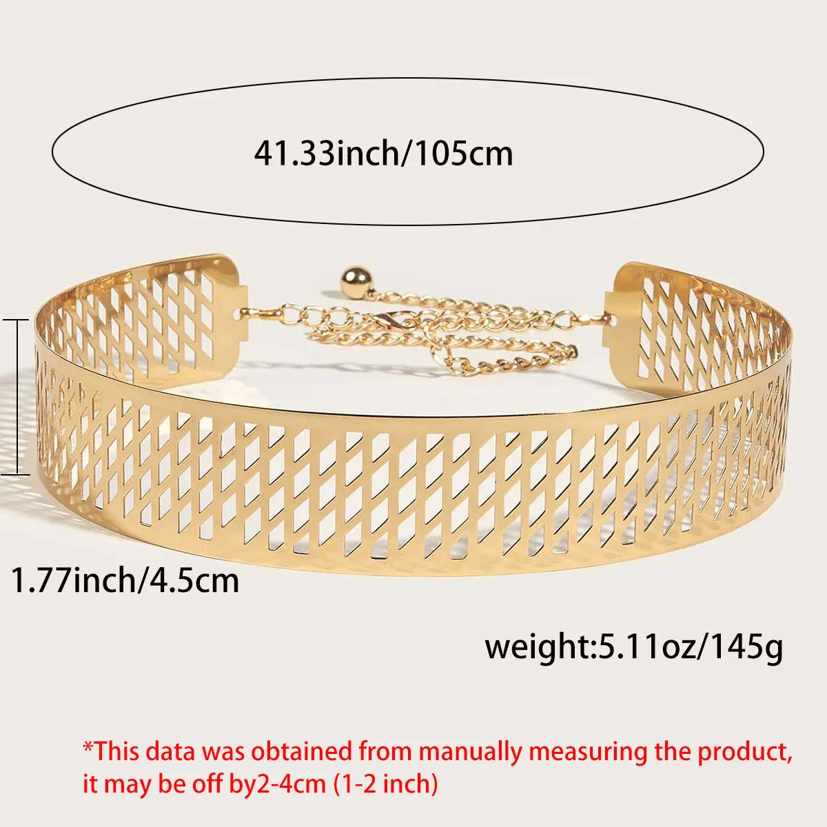 Gold thick iron waist ring belt with alloy buckle shown at 105cm length.