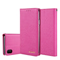Black PU leather flip-style iPhone case open to show interior card slots and phone.