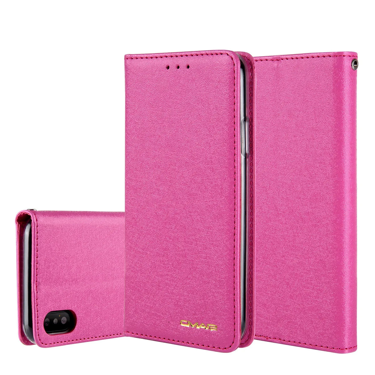 Black PU leather flip-style iPhone case open to show interior card slots and phone.
