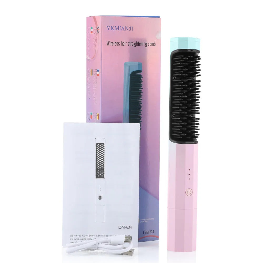 Cordless straightening comb in pink or purple, rechargeable hair brush with anti-scald comb and USB cable, 23cm long