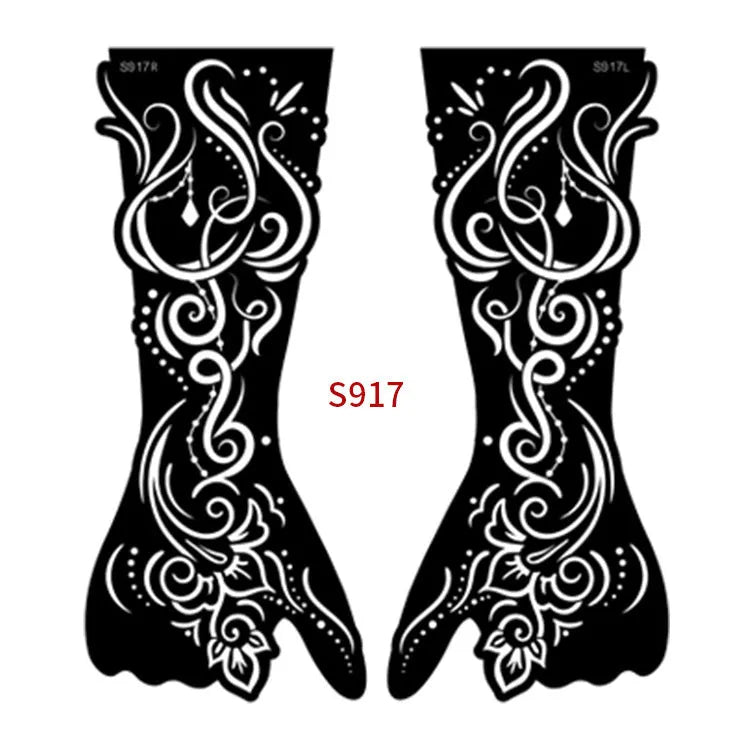 Geometric hollow template tattoo sticker sheet showing 30 symmetrical pattern designs