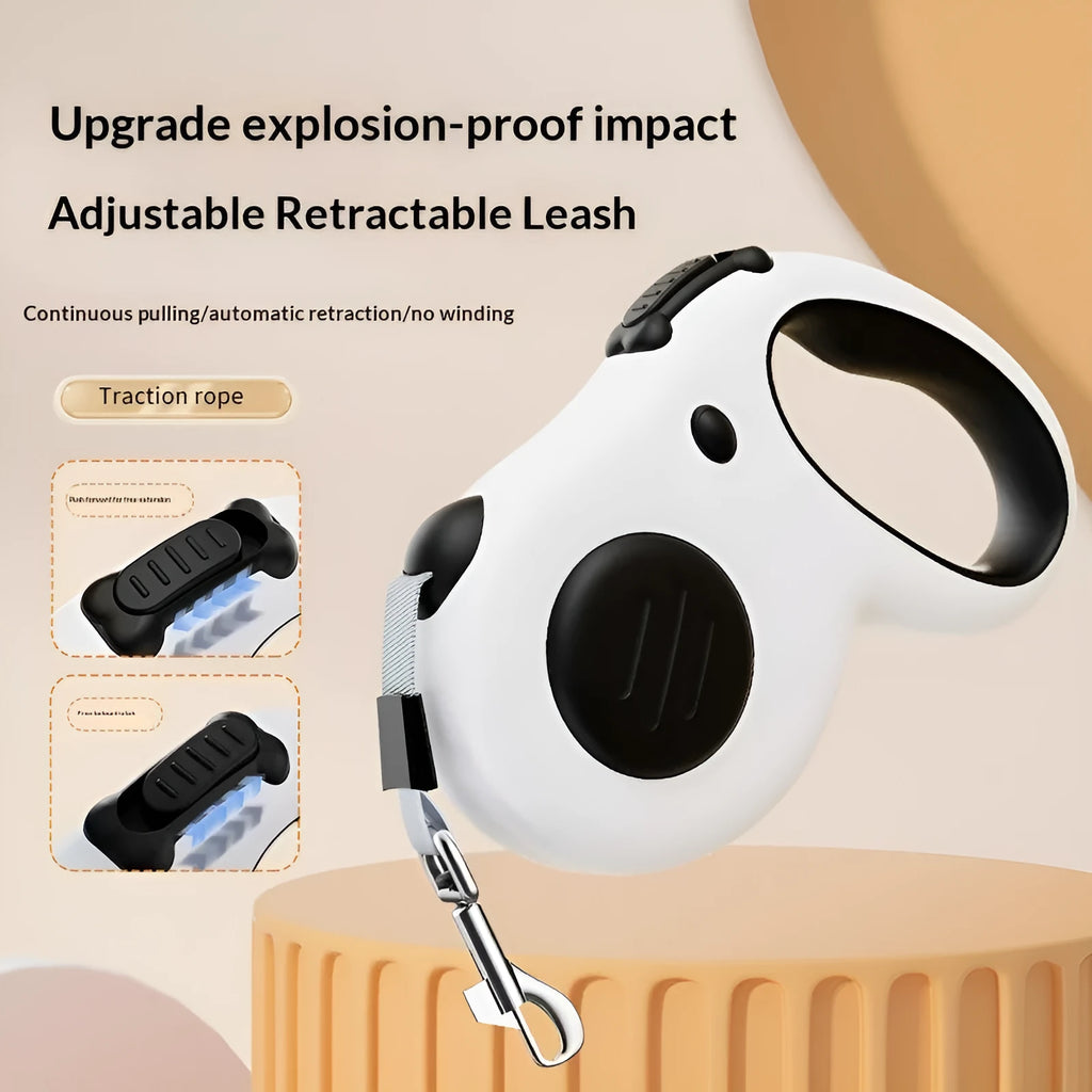 Automatic retractable dog leash with 5m black cord, ABS plastic housing, and anti-slip handle for walking