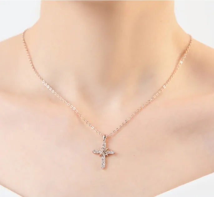 Studded Jesus cross pendant clavicle chain necklace in alloy with rose gold finish option