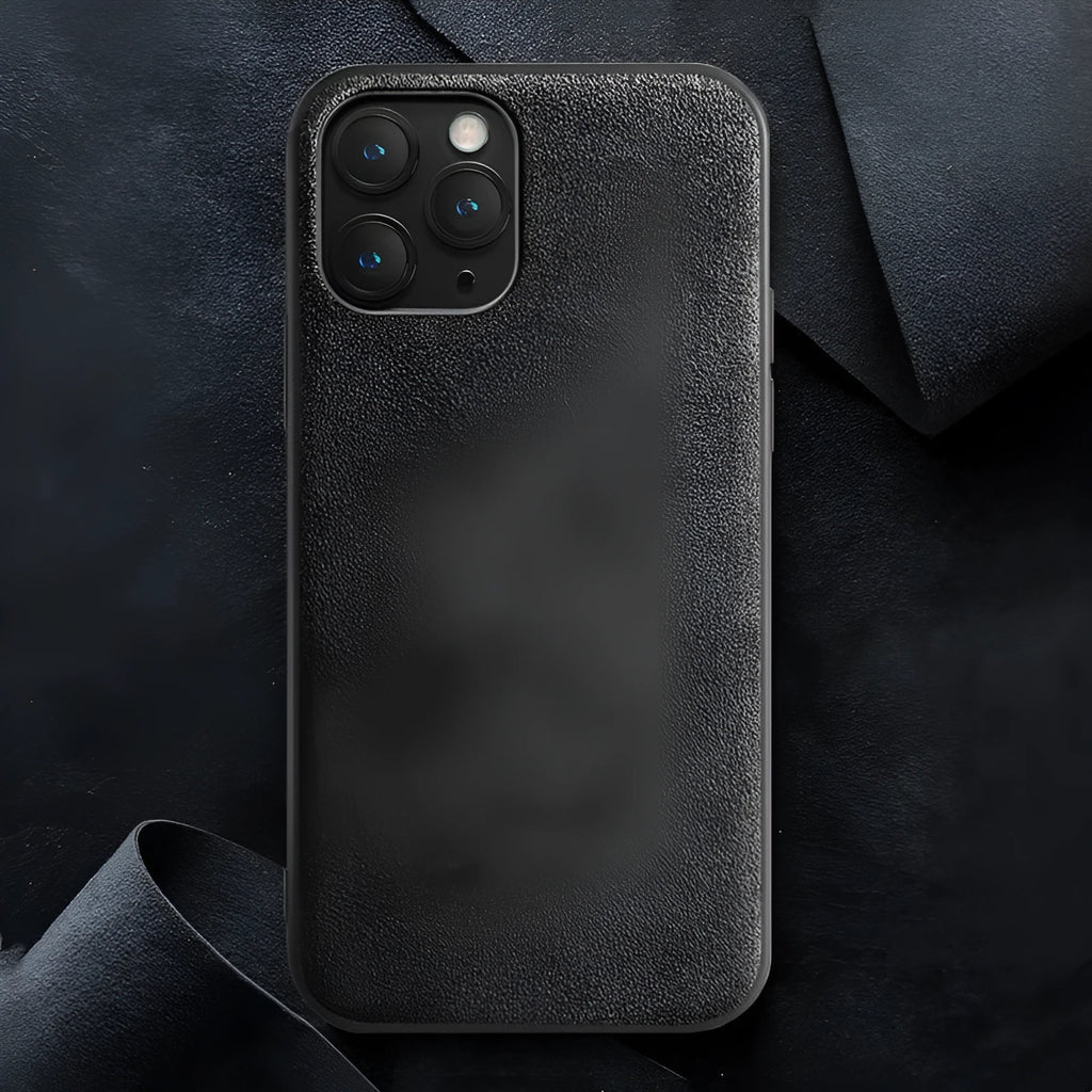 Suede mobile phone case for iPhone in dark blue, dark night green, or elegant black.