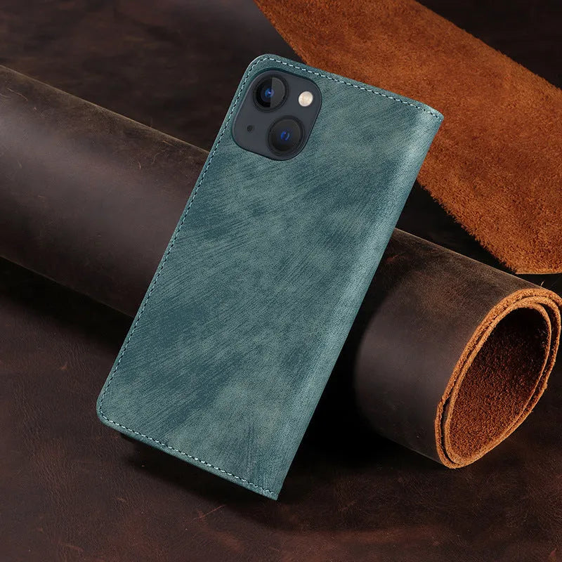 Magnetic flip leather phone case for iPhone in black, showing closed cover with magnetic clasp.