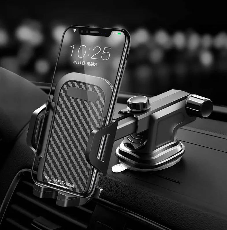 A black universal adjustable car phone holder suitable for mobile phones from 4 to 7 inches wide.