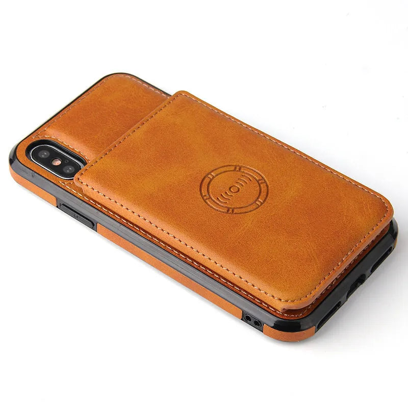 Imitation leather card wallet phone case for iPhone 11 in black, showing card slot on back.