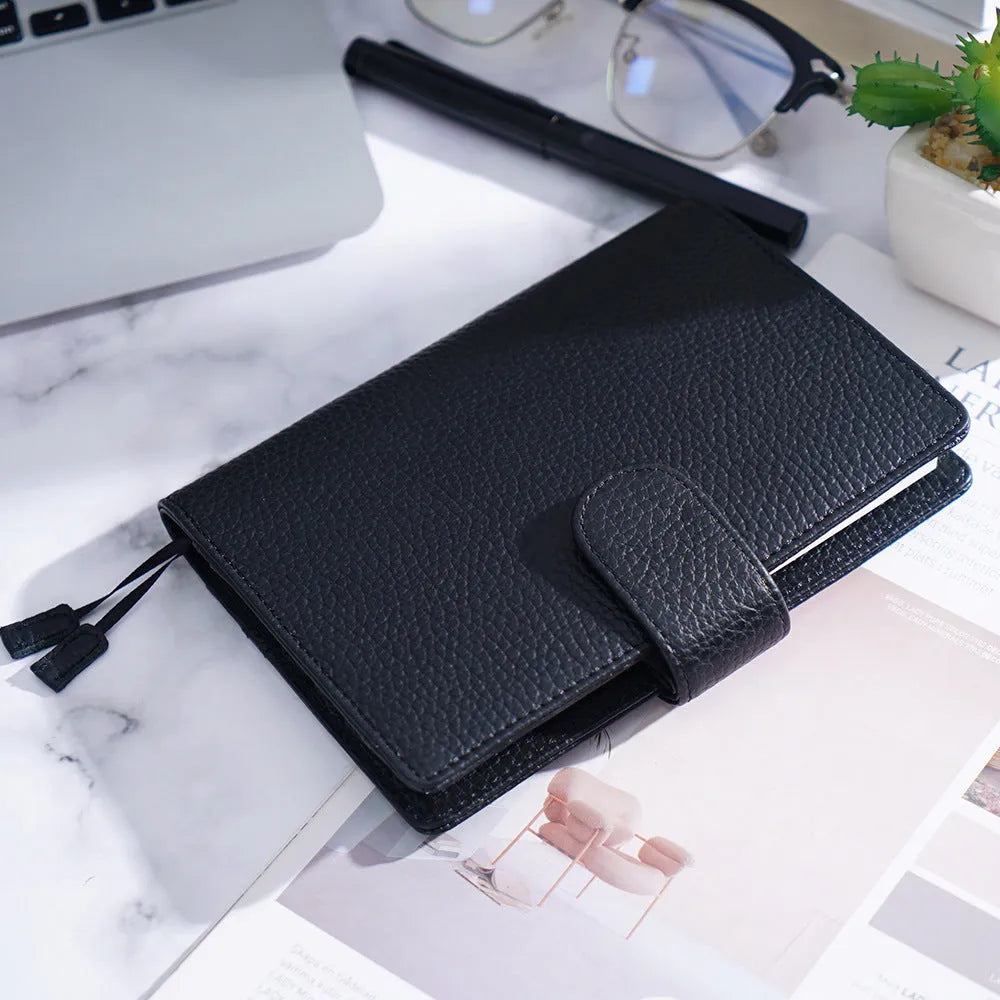 A6 loose-leaf cowhide diary with lychee pattern cover, 12 x 16.5cm, in off white, pink, or white.