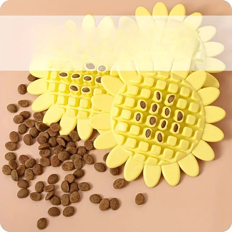 Yellow rubber sunflower dog toy durable chew for puppies teething and playing