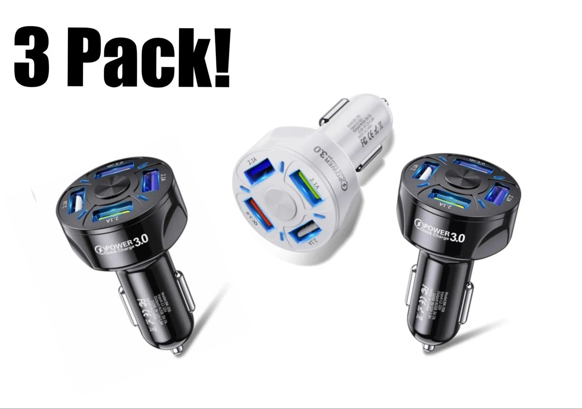 Black ABS fast charge car charger with 4 USB ports and QC3.0 support