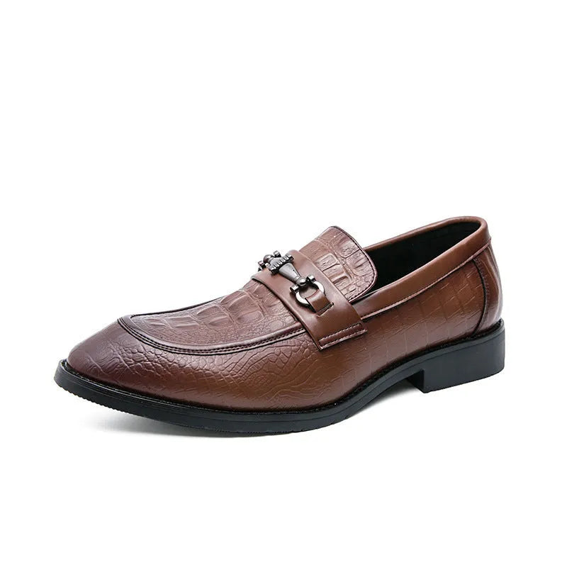 Men's black pointed toe slip-on formal shoes with belt buckle, artificial PU upper, low-top wedding groom's footwear