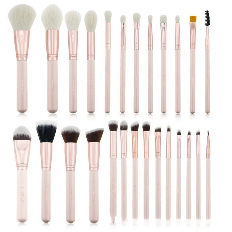 26 pink makeup brushes with wooden handles in storage bag