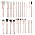 26 pink makeup brushes with wooden handles in storage bag