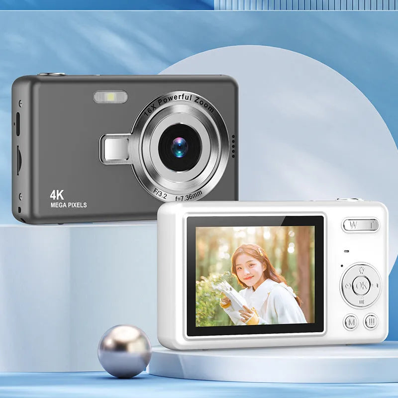 Mini digital camera for children, 80x46x45mm ABS plastic body, available in HD White, HD Black, HD Gray, and HD Silver.