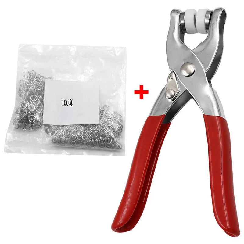 Metal hand pressure snap fastener pliers 9.5mm with 100 hitch buttons, tool steel, plastic handle, 125g