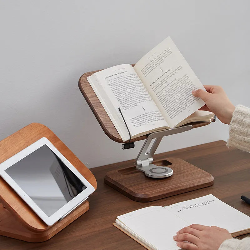 Black walnut solid wood adjustable rotating reading rack holding a book