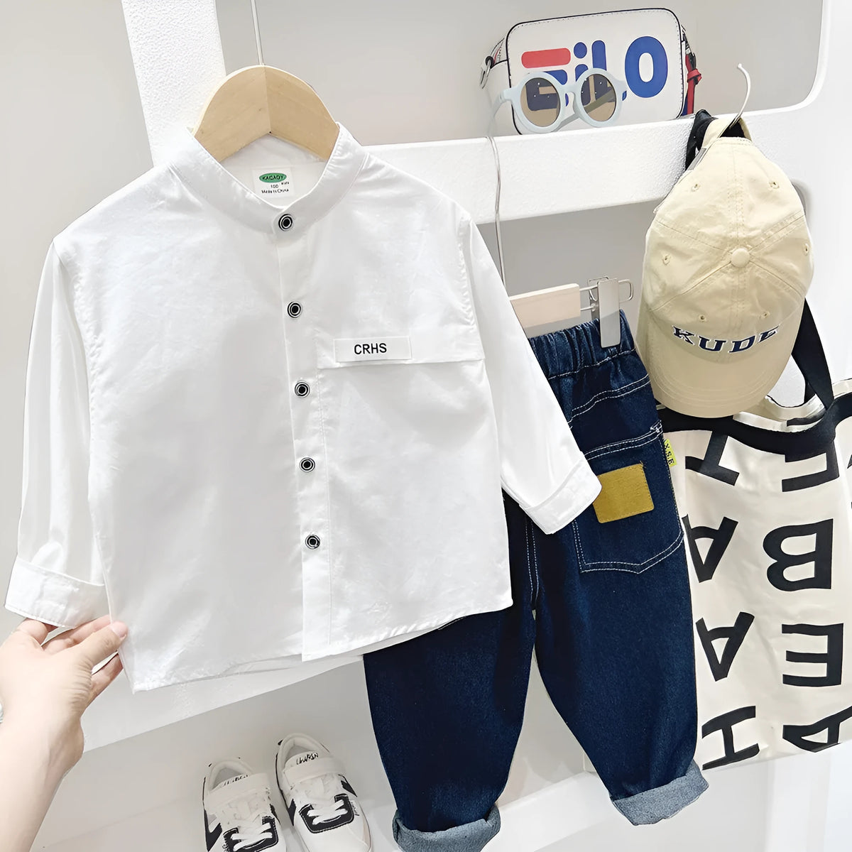 Boys casual solid colour long sleeve cotton shirt in green khaki or white