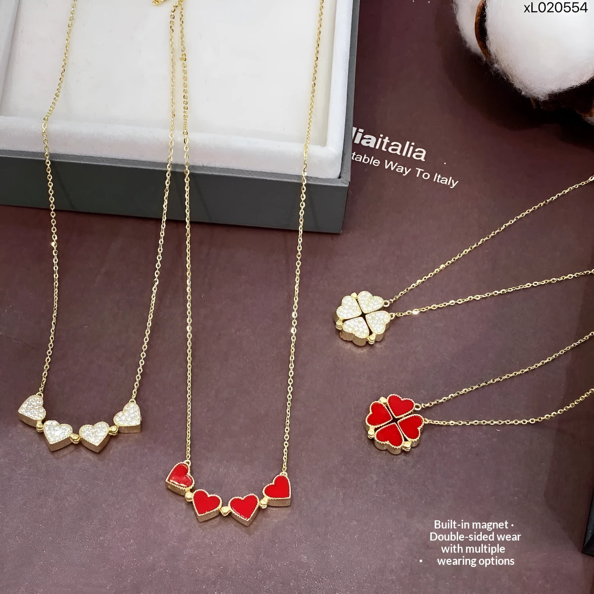 Red magnetic four-leaf clover pendant necklace with gold-plated copper on titanium steel O-link chain