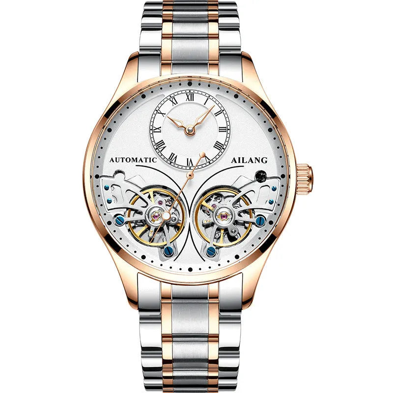 Automatic men's watch with tourbillon and moon phase on black steel strap