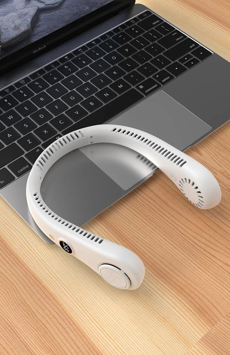 White USB charging portable bladeless neck fan with adjustable wind speed settings