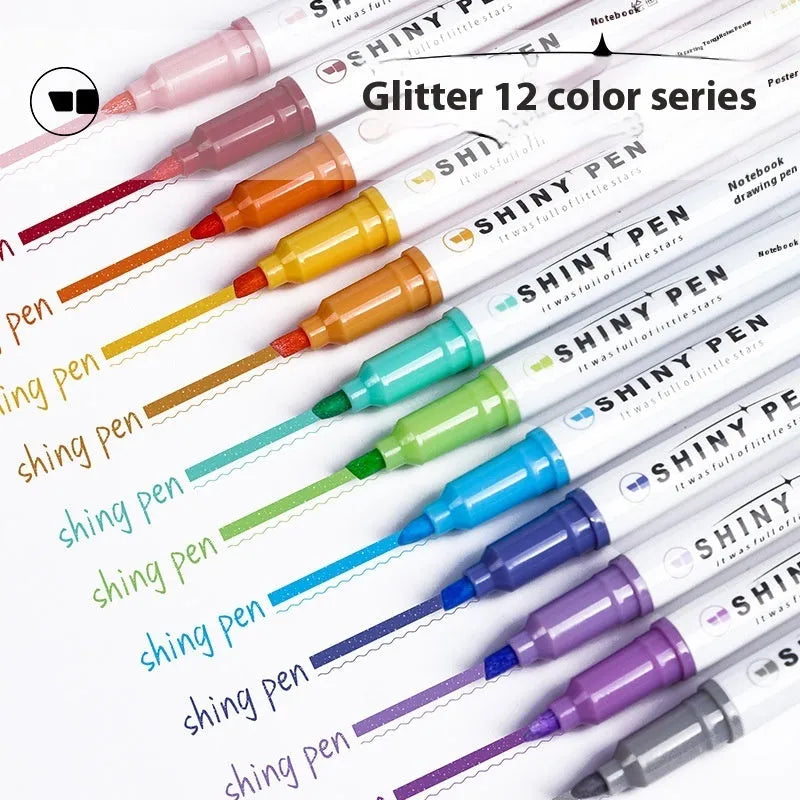 Set of four pastel glitter highlighter pens with slanted tips next to their coloured box.