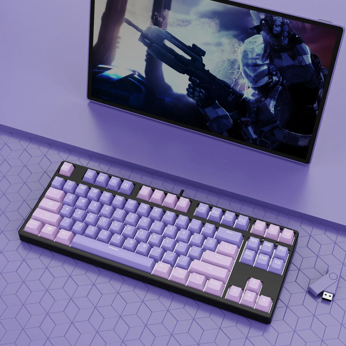 87-key wired mechanical keyboard with hot-swappable switches showing multiple colour combination options