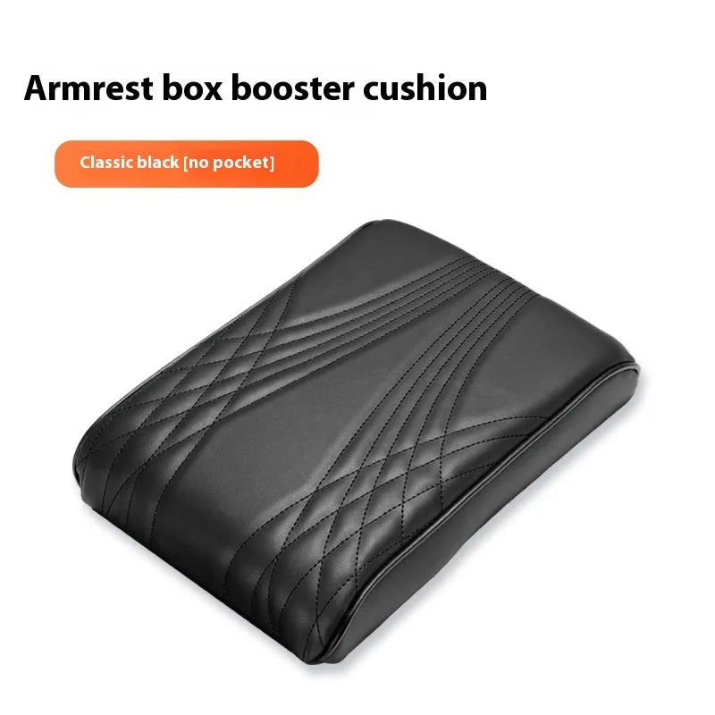 PU leather car armrest cover with heightening insole, black stripes, with pocket, on vehicle seat